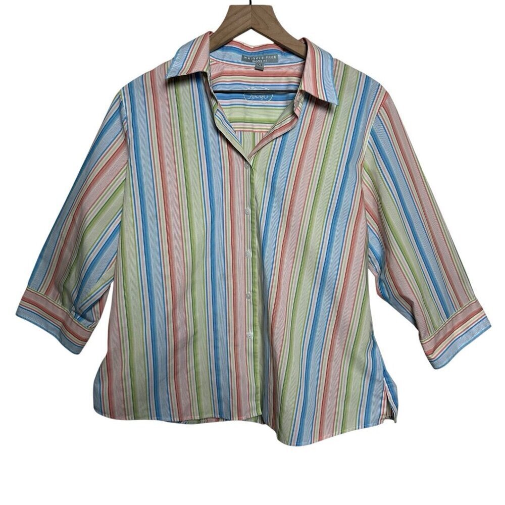 Foxcroft Wrinkle Free Striped 3/4 Sleeve Top Sz 14P Button Cotton Travel *Flaw